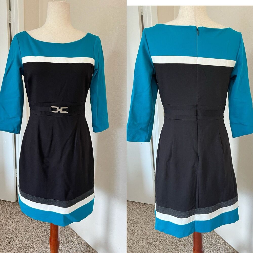 White House Black Market Women's Sz 6 Black Teal Long Sleeves Dress Color Block